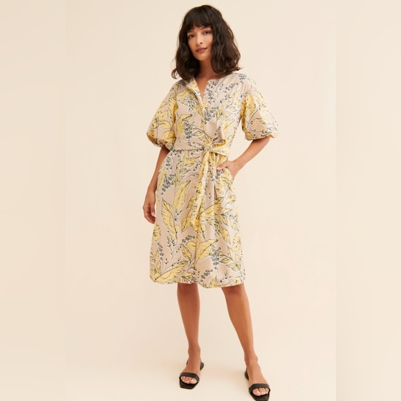 Anthropologie Josephine Yellow Floral Midi Dress Cotton Puff SleeveM